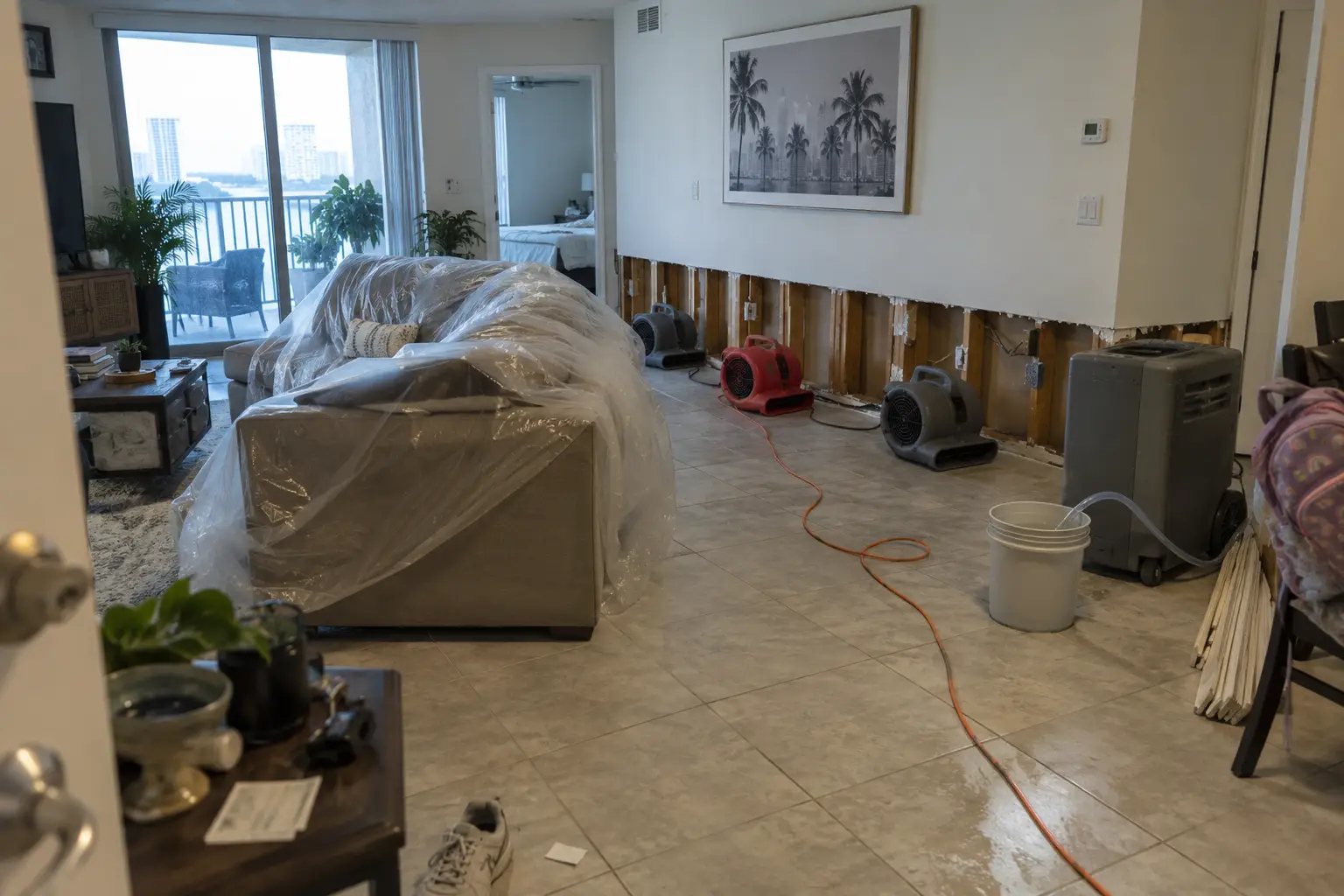 A Miami condo living room mid-drying: the lower two feet of drywall cut away, air movers and a dehumidifier running on a tile floor